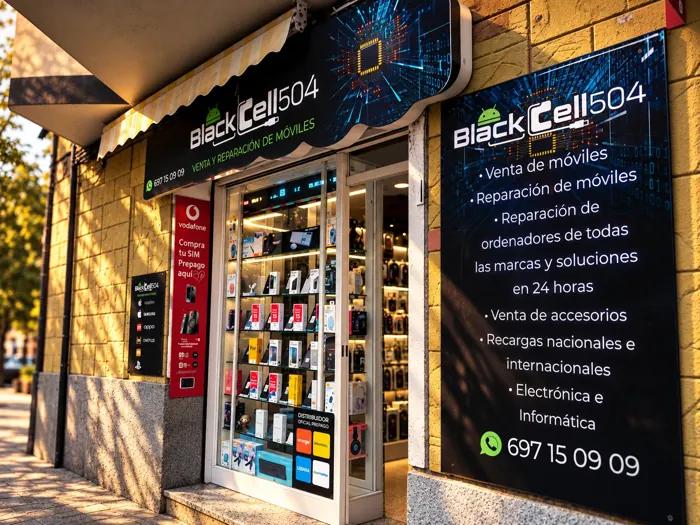 Escaparate de Black Cell 504 con móviles y accesorios
